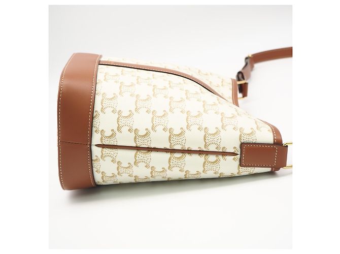 Céline Celine Triomphe Canvas & Calfskin Small Bucket Shoulder Bag Weiß Beige - Ansicht 10
