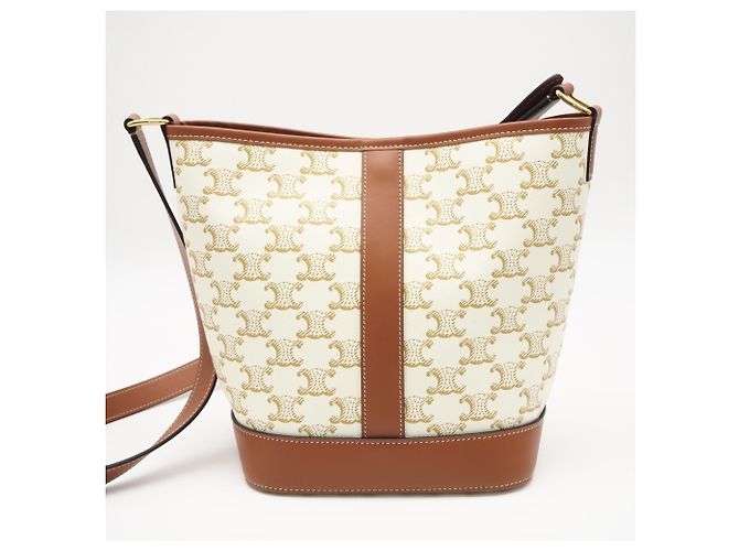 Céline Celine Triomphe Canvas & Calfskin Small Bucket Shoulder Bag Weiß Beige - Ansicht 2