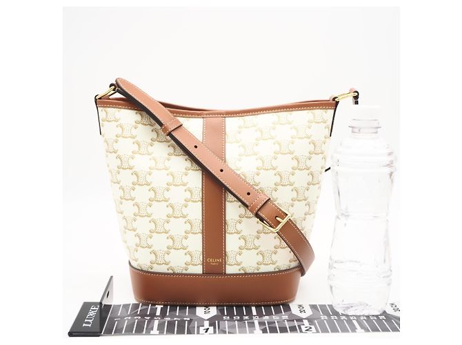 Céline Celine Triomphe Canvas & Calfskin Small Bucket Shoulder Bag Weiß Beige - Ansicht 3