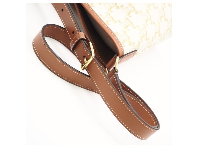 Céline Celine Triomphe Canvas & Calfskin Small Bucket Shoulder Bag Weiß Beige - Ansicht 6