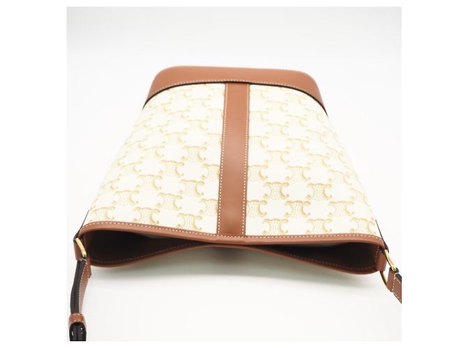 Céline Celine Triomphe Canvas & Calfskin Small Bucket Shoulder Bag Weiß Beige - Ansicht 7