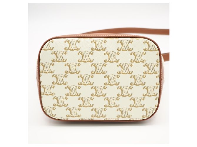 Céline Celine Triomphe Canvas & Calfskin Small Bucket Shoulder Bag Weiß Beige - Ansicht 8
