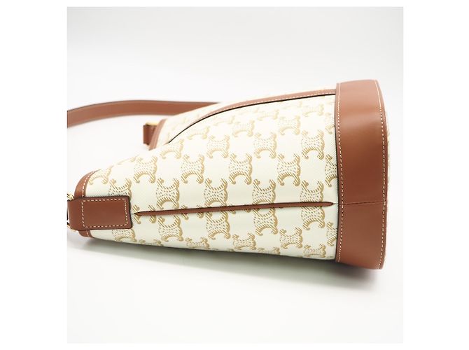 Céline Celine Triomphe Canvas & Calfskin Small Bucket Shoulder Bag Weiß Beige - Ansicht 9