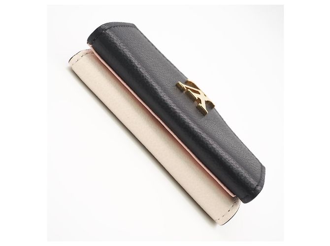 Cartera tríptico Portefeuille Lock Mini en piel de becerro granulado Louis Vuitton Negro Rosa Beige - vista 6