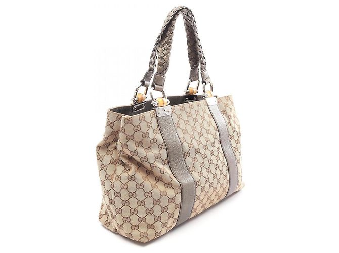 Borsa Tote Gucci Bamboo GG Canvas Beige Cachi - vista 2