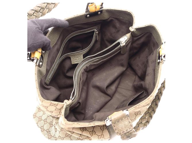 Borsa Tote Gucci Bamboo GG Canvas Beige Cachi - vista 3