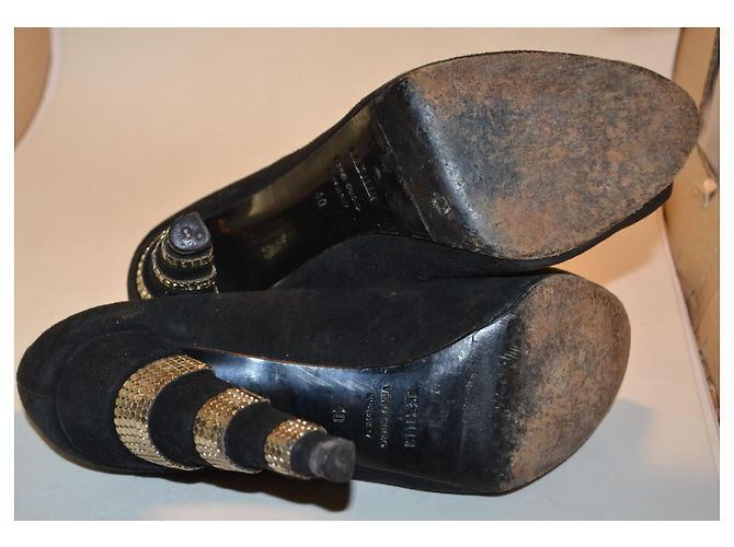 Autre Marque Décolleté open-toe in camoscio nero con tacco decorato - vista 5