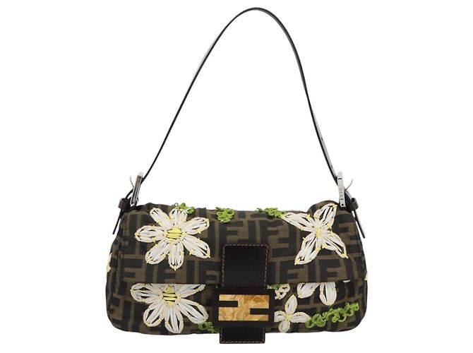 FENDI Zucca Canvas Flower Embroidery Mamma Baguette Marrone Argento Auth yk20688SM - vista 2