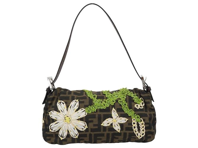 FENDI Zucca Canvas Flower Embroidery Mamma Baguette Marrone Argento Auth yk20688SM - vista 3