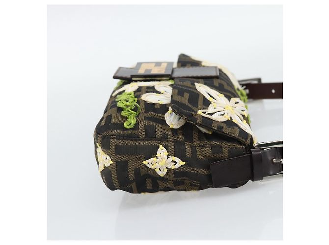 FENDI Zucca Canvas Flower Embroidery Mamma Baguette Marrone Argento Auth yk20688SM - vista 5