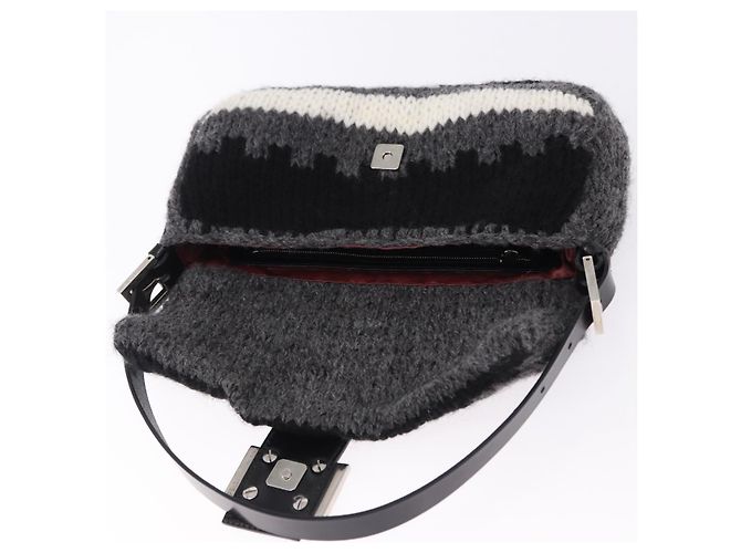 FENDI Mamma Baguette Shoulder Bag Wool Gray Silver Auth am12200SAM Brown Silvery - view 17