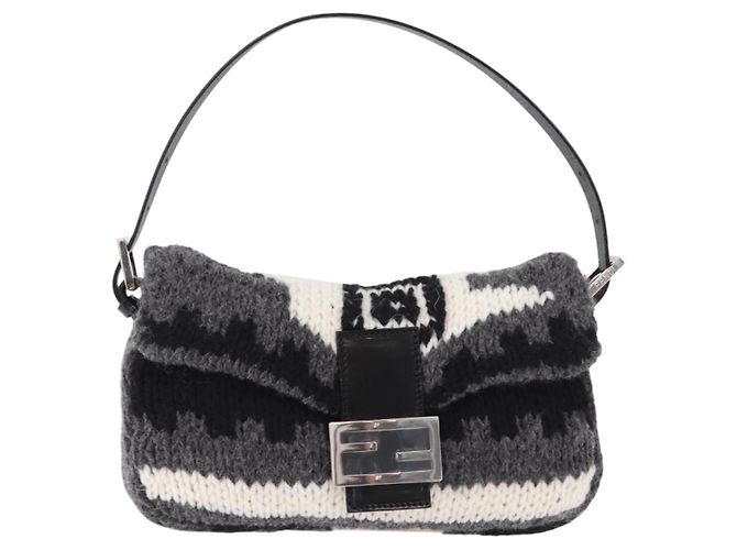 FENDI Mamma Baguette Shoulder Bag Wool Gray Silver Auth am12200SAM Brown Silvery - view 2