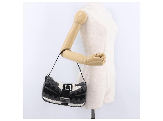 FENDI Mamma Baguette Shoulder Bag Wool Gray Silver Auth am12200SAM Brown Silvery - view 25