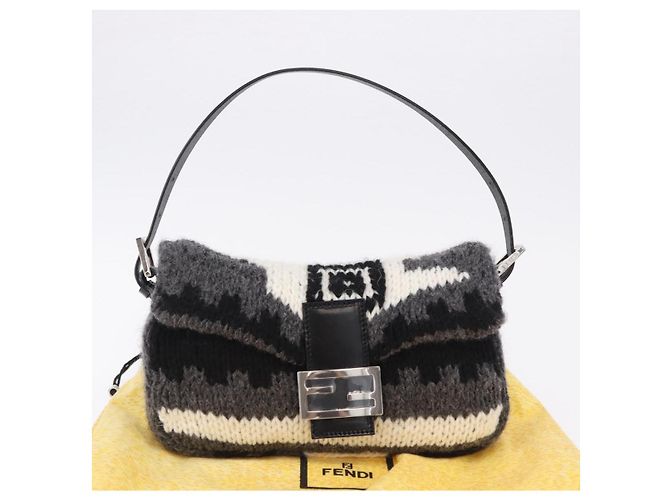 FENDI Mamma Baguette Shoulder Bag Wool Gray Silver Auth am12200SAM Brown Silvery - view 26