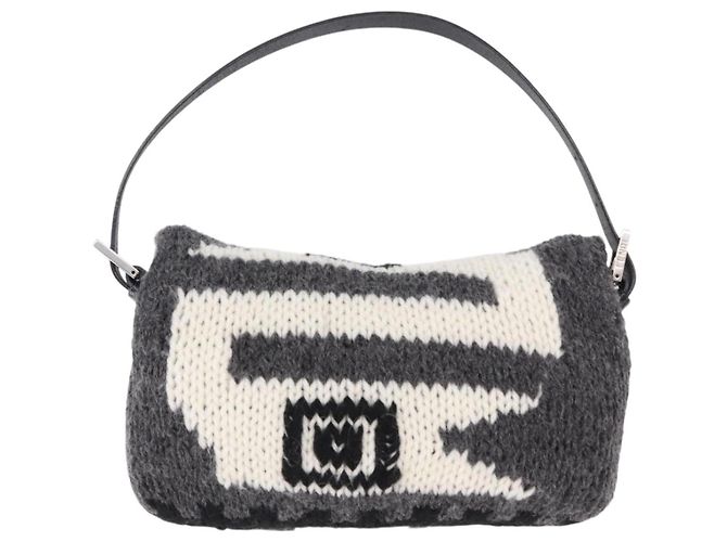 FENDI Mamma Baguette Shoulder Bag Wool Gray Silver Auth am12200SAM Brown Silvery - view 3