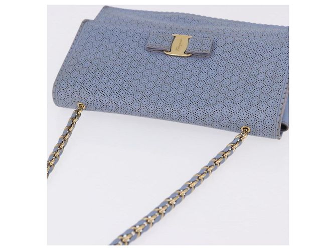 Borsa a Spalla Salvatore Ferragamo Vala Chain in Pelle Blu e Oro Autentica BA14158 D'oro - vista 6