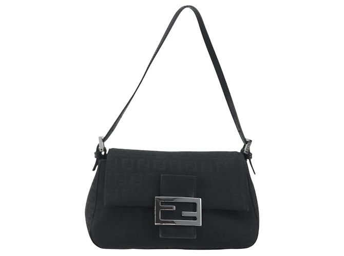 FENDI Zucchino Canvas Mamma Baguette Borsa a Spalla Nera Argento Auth ki6734M Nero - vista 2
