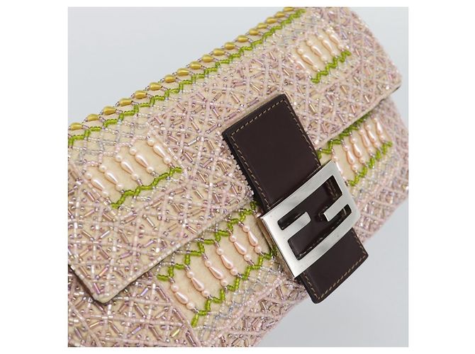 Borsa a tracolla FENDI Mamma Baguette in tela con perline beige argento Auth 189253SM - vista 14