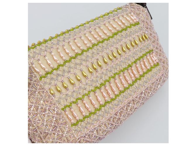 Borsa a tracolla FENDI Mamma Baguette in tela con perline beige argento Auth 189253SM - vista 15