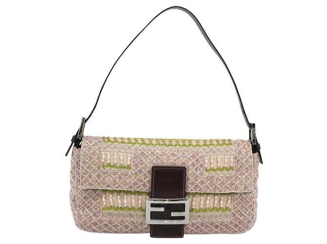 Borsa a tracolla FENDI Mamma Baguette in tela con perline beige argento Auth 189253SM - vista 2