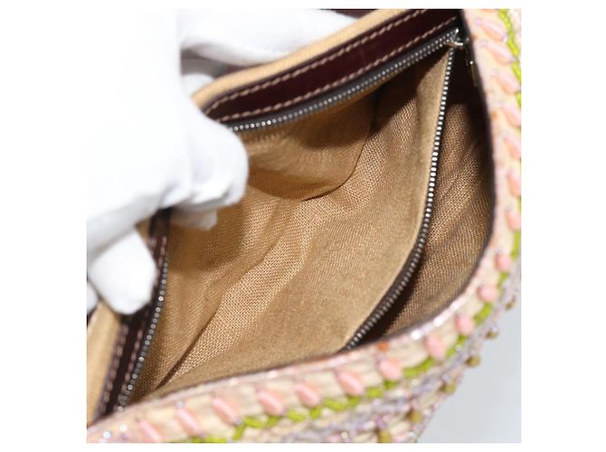 Borsa a tracolla FENDI Mamma Baguette in tela con perline beige argento Auth 189253SM - vista 23