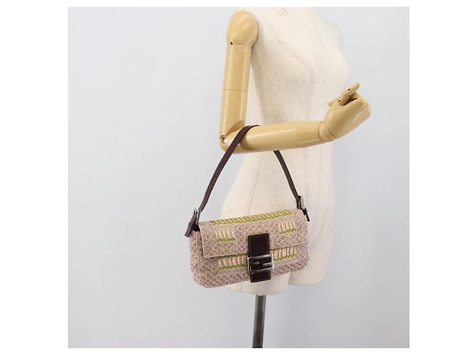 Borsa a tracolla FENDI Mamma Baguette in tela con perline beige argento Auth 189253SM - vista 24