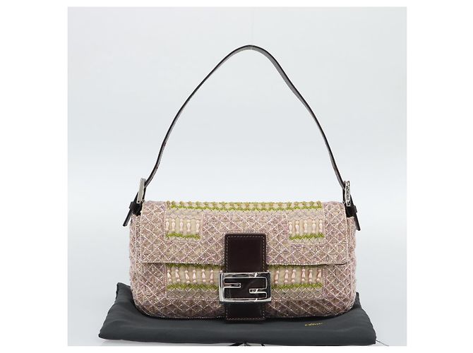 Borsa a tracolla FENDI Mamma Baguette in tela con perline beige argento Auth 189253SM - vista 25