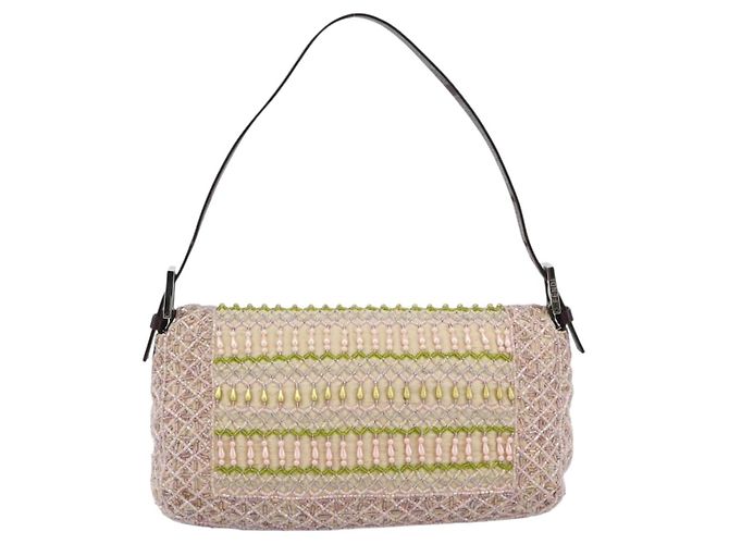 Borsa a tracolla FENDI Mamma Baguette in tela con perline beige argento Auth 189253SM - vista 3