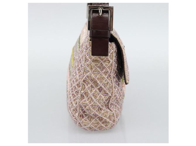 Borsa a tracolla FENDI Mamma Baguette in tela con perline beige argento Auth 189253SM - vista 4
