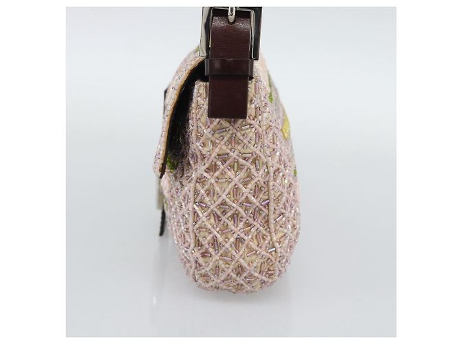 Borsa a tracolla FENDI Mamma Baguette in tela con perline beige argento Auth 189253SM - vista 5