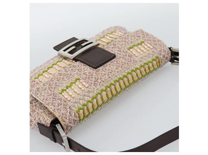 Borsa a tracolla FENDI Mamma Baguette in tela con perline beige argento Auth 189253SM - vista 6