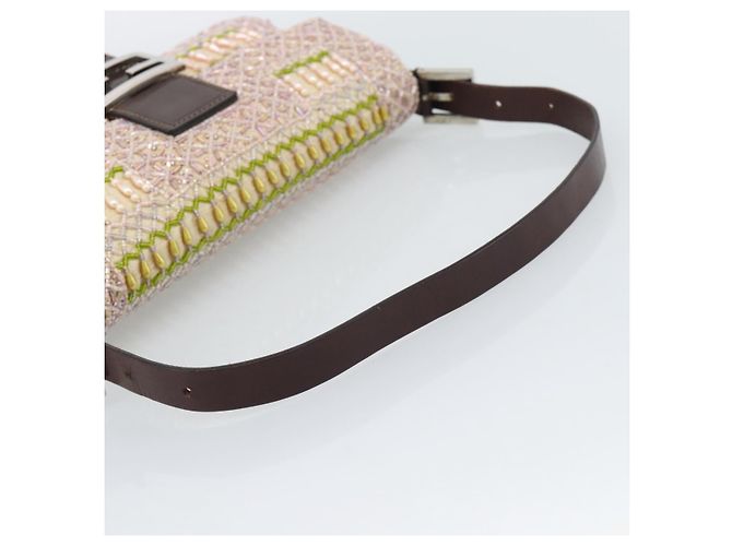 Borsa a tracolla FENDI Mamma Baguette in tela con perline beige argento Auth 189253SM - vista 7