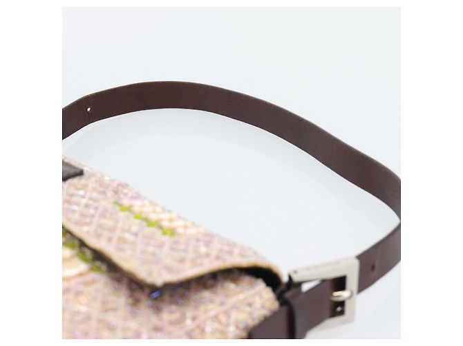 Borsa a tracolla FENDI Mamma Baguette in tela con perline beige argento Auth 189253SM - vista 8