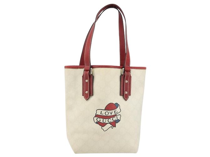 GUCCI GG Supreme Handtasche aus PVC und Leder Outlet Weiß Rot 257250 Auth ep15469 - Ansicht 2