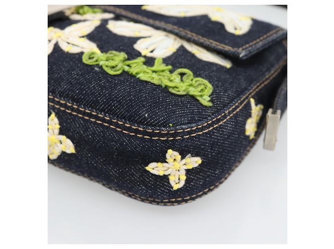 FENDI Borsa a Spalla Mamma Baguette con Ricamo Floreale Denim Navy Auth yk20668SM Blu navy - vista 10