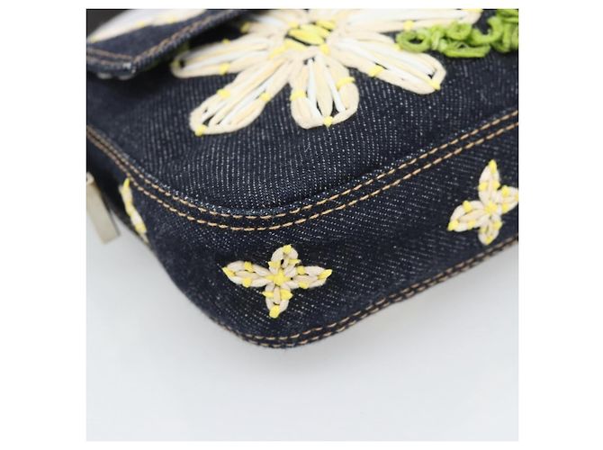 FENDI Borsa a Spalla Mamma Baguette con Ricamo Floreale Denim Navy Auth yk20668SM Blu navy - vista 11