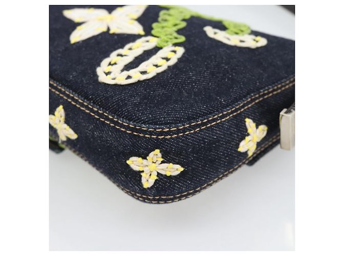 FENDI Borsa a Spalla Mamma Baguette con Ricamo Floreale Denim Navy Auth yk20668SM Blu navy - vista 12