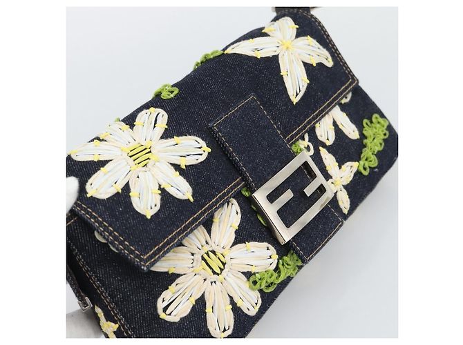 FENDI Borsa a Spalla Mamma Baguette con Ricamo Floreale Denim Navy Auth yk20668SM Blu navy - vista 15