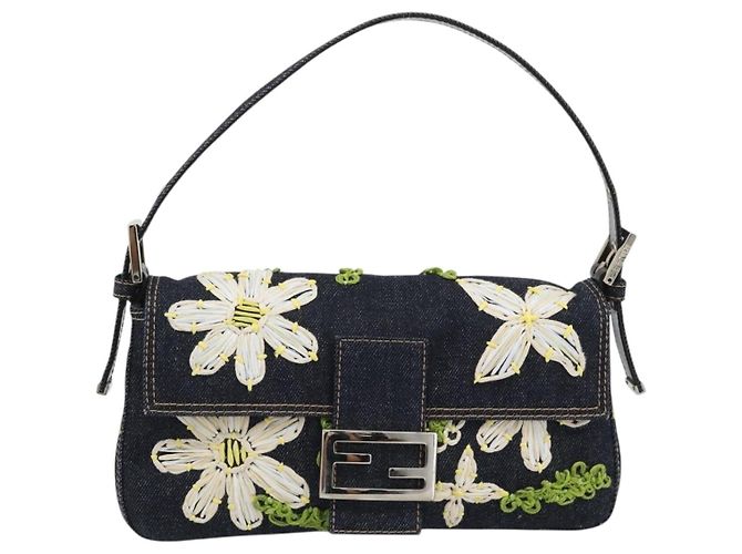 FENDI Borsa a Spalla Mamma Baguette con Ricamo Floreale Denim Navy Auth yk20668SM Blu navy - vista 2