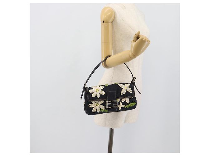 FENDI Borsa a Spalla Mamma Baguette con Ricamo Floreale Denim Navy Auth yk20668SM Blu navy - vista 24