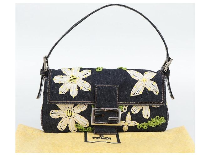 FENDI Borsa a Spalla Mamma Baguette con Ricamo Floreale Denim Navy Auth yk20668SM Blu navy - vista 25