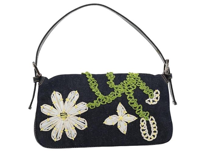 FENDI Borsa a Spalla Mamma Baguette con Ricamo Floreale Denim Navy Auth yk20668SM Blu navy - vista 3