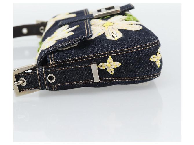 FENDI Borsa a Spalla Mamma Baguette con Ricamo Floreale Denim Navy Auth yk20668SM Blu navy - vista 4