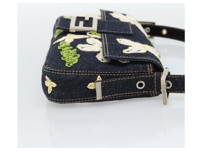 FENDI Borsa a Spalla Mamma Baguette con Ricamo Floreale Denim Navy Auth yk20668SM Blu navy - vista 5