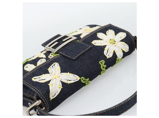 FENDI Borsa a Spalla Mamma Baguette con Ricamo Floreale Denim Navy Auth yk20668SM Blu navy - vista 6