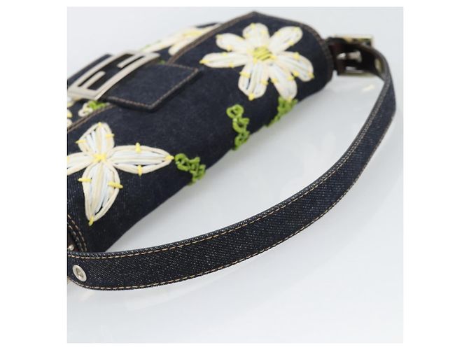 FENDI Borsa a Spalla Mamma Baguette con Ricamo Floreale Denim Navy Auth yk20668SM Blu navy - vista 7