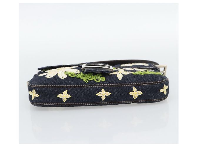 FENDI Borsa a Spalla Mamma Baguette con Ricamo Floreale Denim Navy Auth yk20668SM Blu navy - vista 9