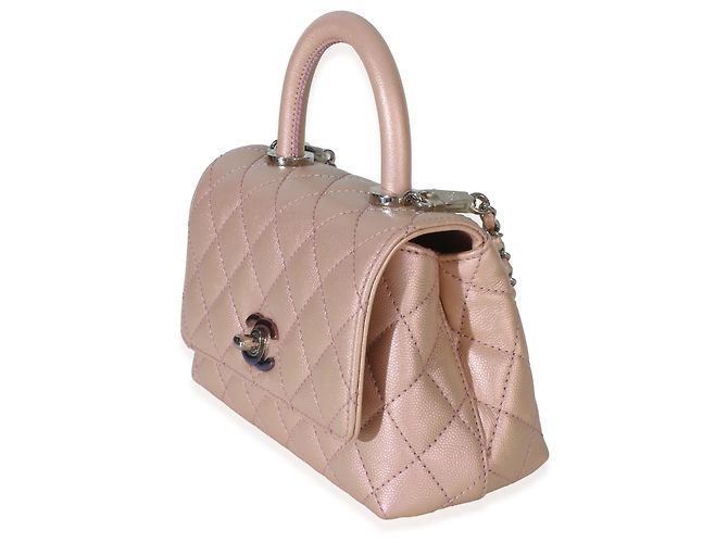 Borsa Chanel Mini Coco Top Handle Flap in Caviar Trapuntato Iridescente Rosa Chiaro Metallico - vista 3