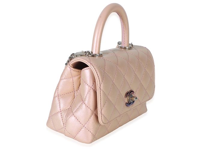 Borsa Chanel Mini Coco Top Handle Flap in Caviar Trapuntato Iridescente Rosa Chiaro Metallico - vista 4