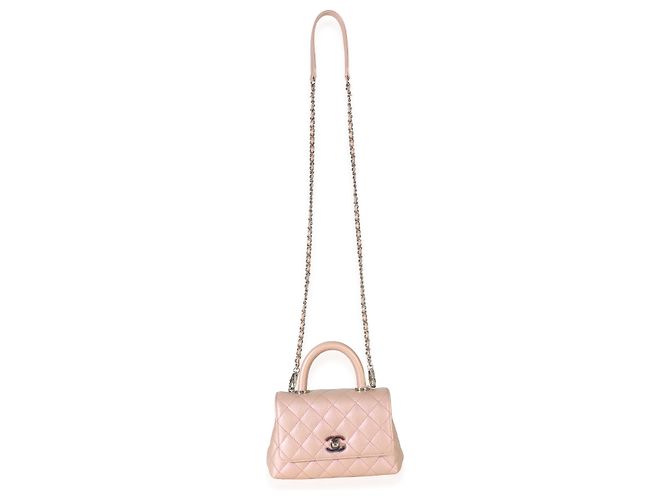 Borsa Chanel Mini Coco Top Handle Flap in Caviar Trapuntato Iridescente Rosa Chiaro Metallico - vista 5